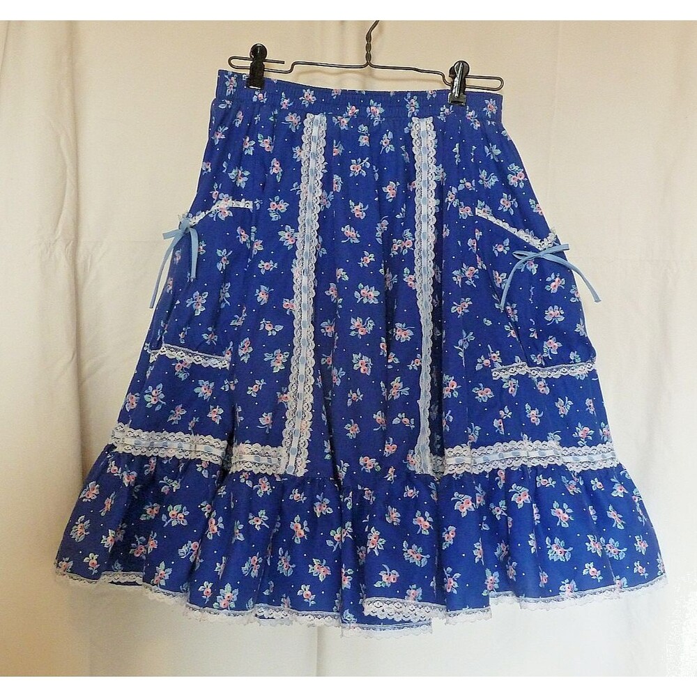 Vintage Square Dance Skirt 23"   Berry Blue Floral Lace  Western Partners Size M